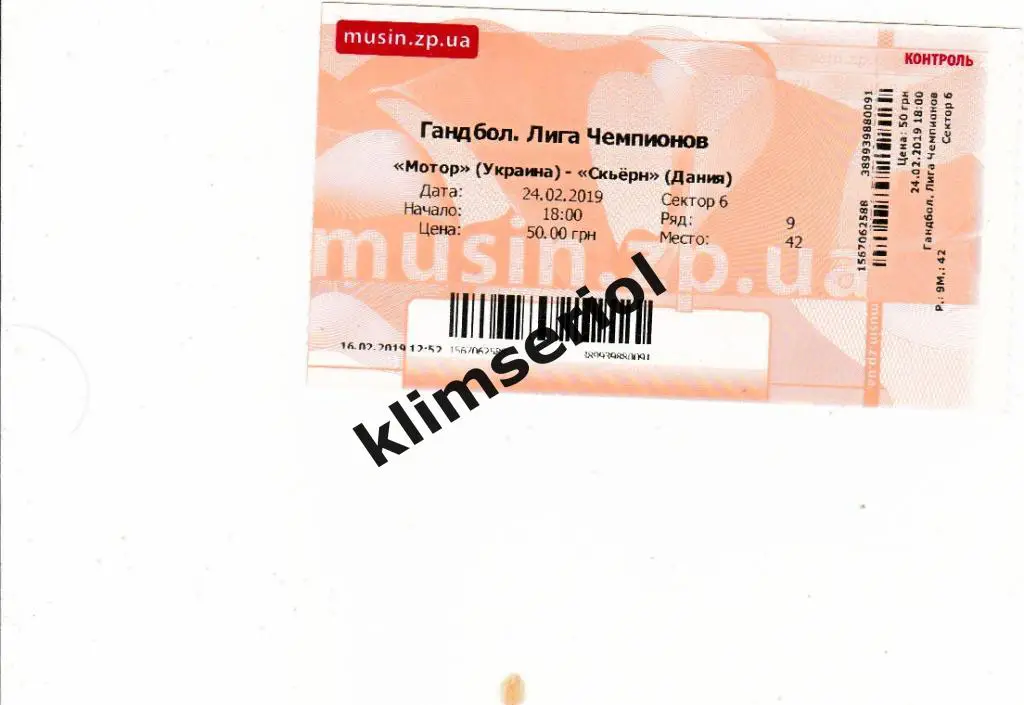 Билет.Гандбол.Мотор (Запорожье,Украина)-Скьерн (Дания) 24.02.2019 ЛЧ муж