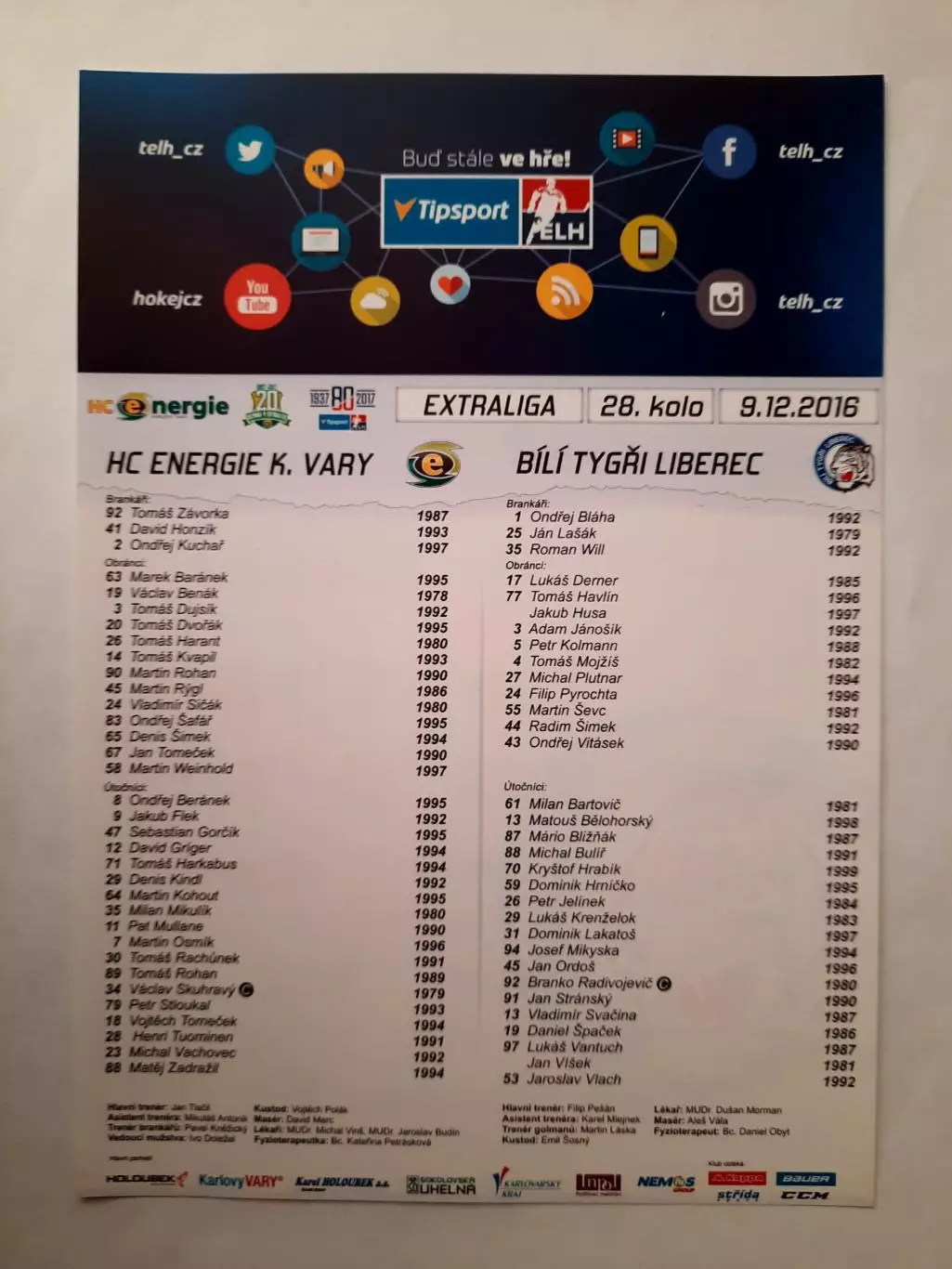 Программка хоккейная. Энергия Карловы Вары - Белые тигры Либерец 09.12.2016г