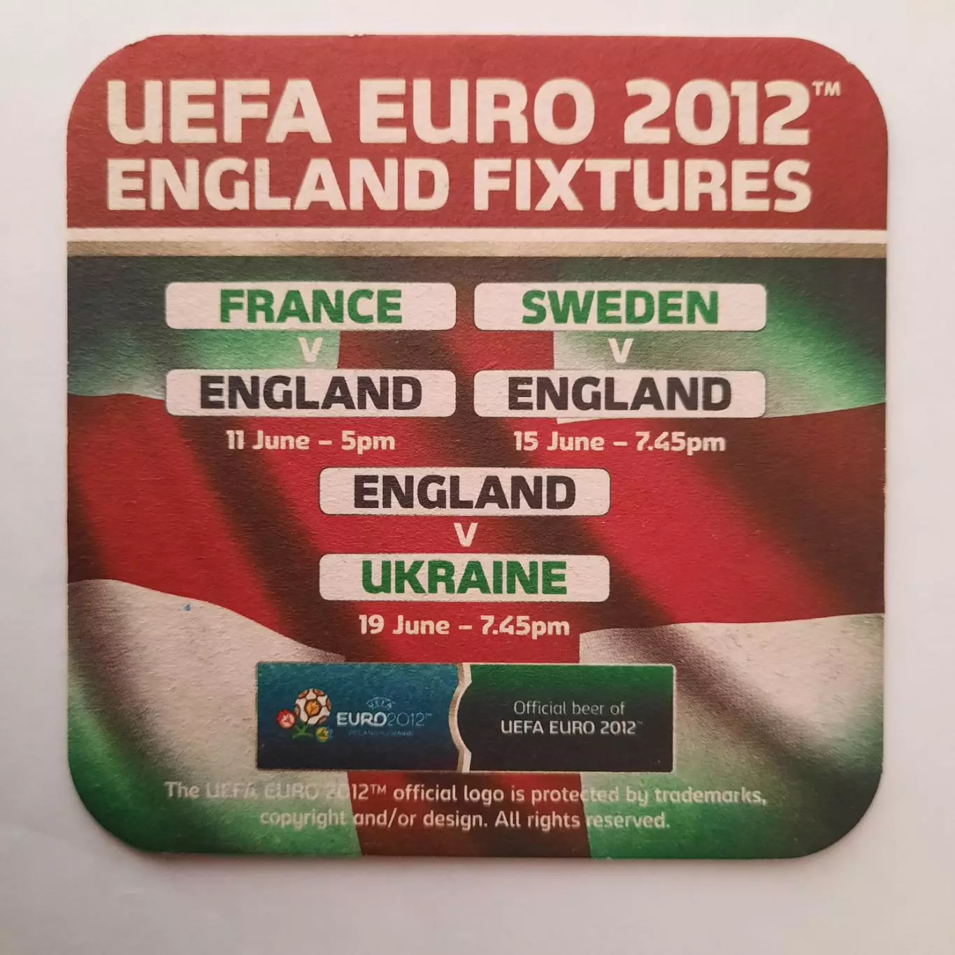 Бирдекель(подставка под пивной стакан.) Футбол. Ч.Е. 2012г. Пиво Карлсберг.