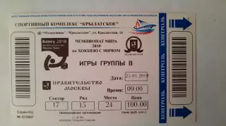 Билет на хоккей. Чемпионат Мира по хоккею с мячом 2010г.