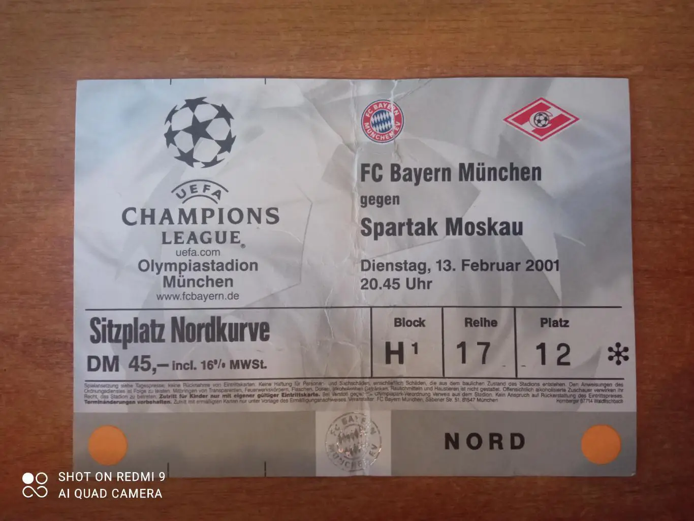 Билет:13.02.2001 Бавария-Спартак