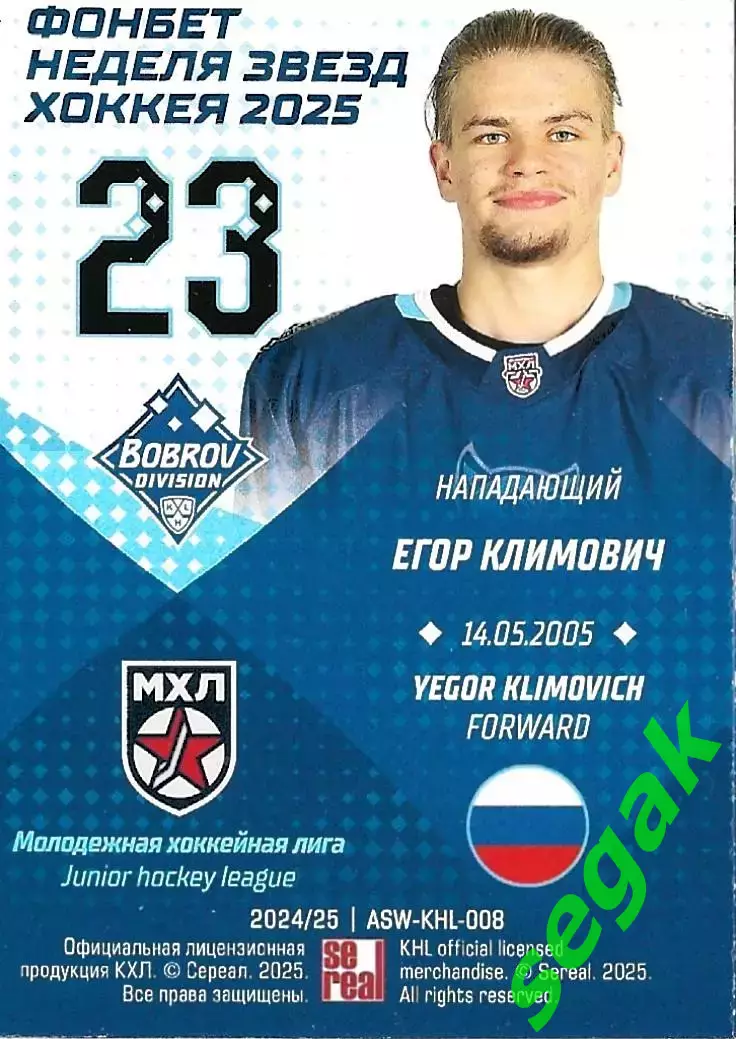 Карточка SeReal КХЛ 2024-2025. Неделя Звёзд Хоккея Егор Климович МХЛ Сибирь 1