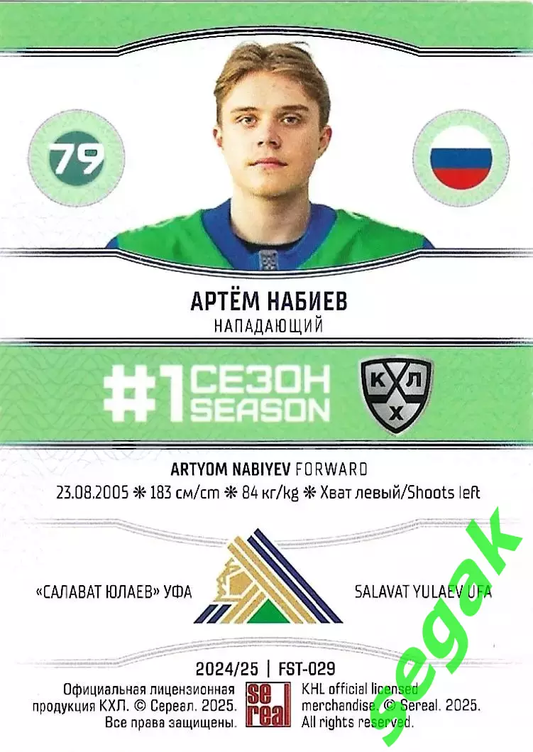 SeReal Карточка КХЛ 2024-2025. НЗХ Артём Набиев Салават Юлаев Уфа 1