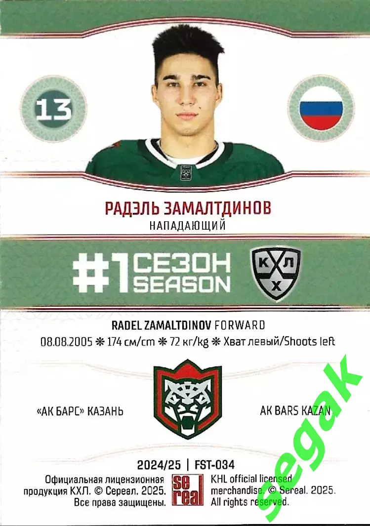 SeReal Карточка КХЛ 2024-2025. НЗХ Радэль Замалтдинов Ак Барс Казань 1