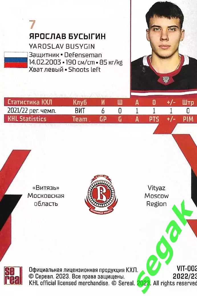 SeReal Карточка КХЛ 2022-2023 Ярослав Бусыгин Витязь Московская область 1