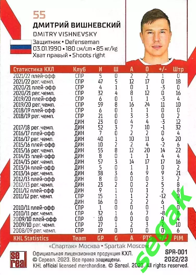 SeReal Карточка КХЛ 2022-2023 Дмитрий Вишневский Спартак Москва 1