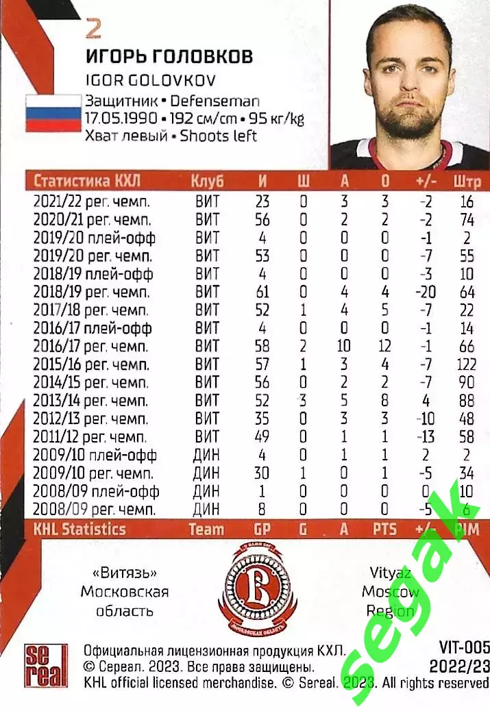 SeReal Карточка КХЛ 2022-2023 Игорь Головков Витязь Московская область 1