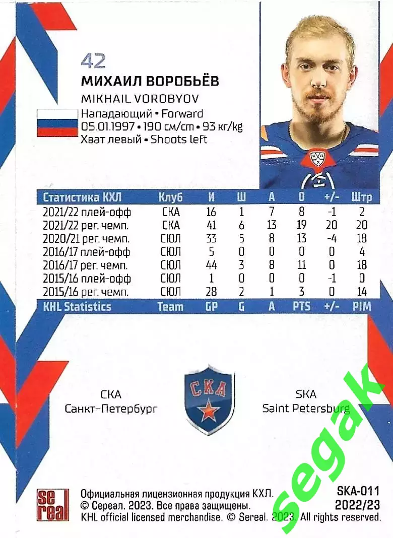SeReal Карточка КХЛ 2022-2023 Михаил Воробьёв СКА Санкт-Петербург 1