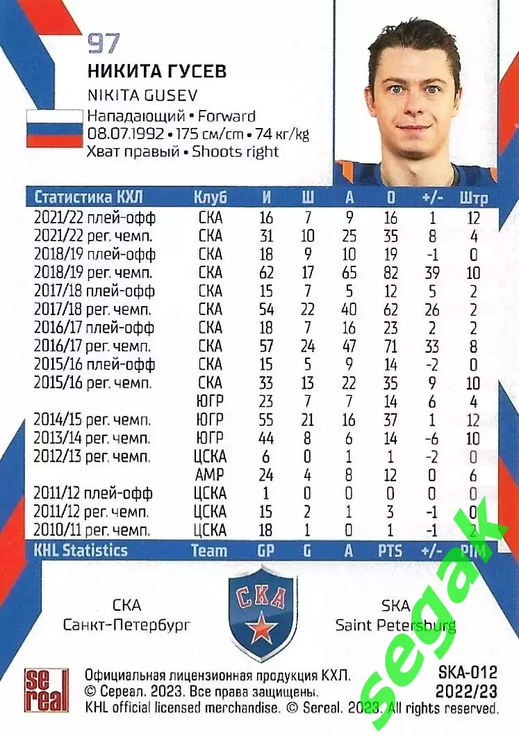 SeReal Карточка КХЛ 2022-2023 Никита Гусев СКА Санкт-Петербург 1