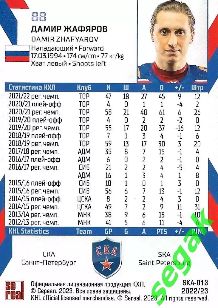 SeReal Карточка КХЛ 2022-2023 Дамир Жафяров СКА Санкт-Петербург 1