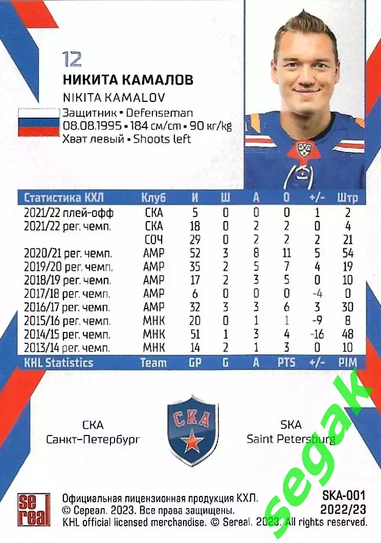 SeReal Карточка КХЛ 2022-2023 Никита Камалов СКА Санкт-Петербург 1