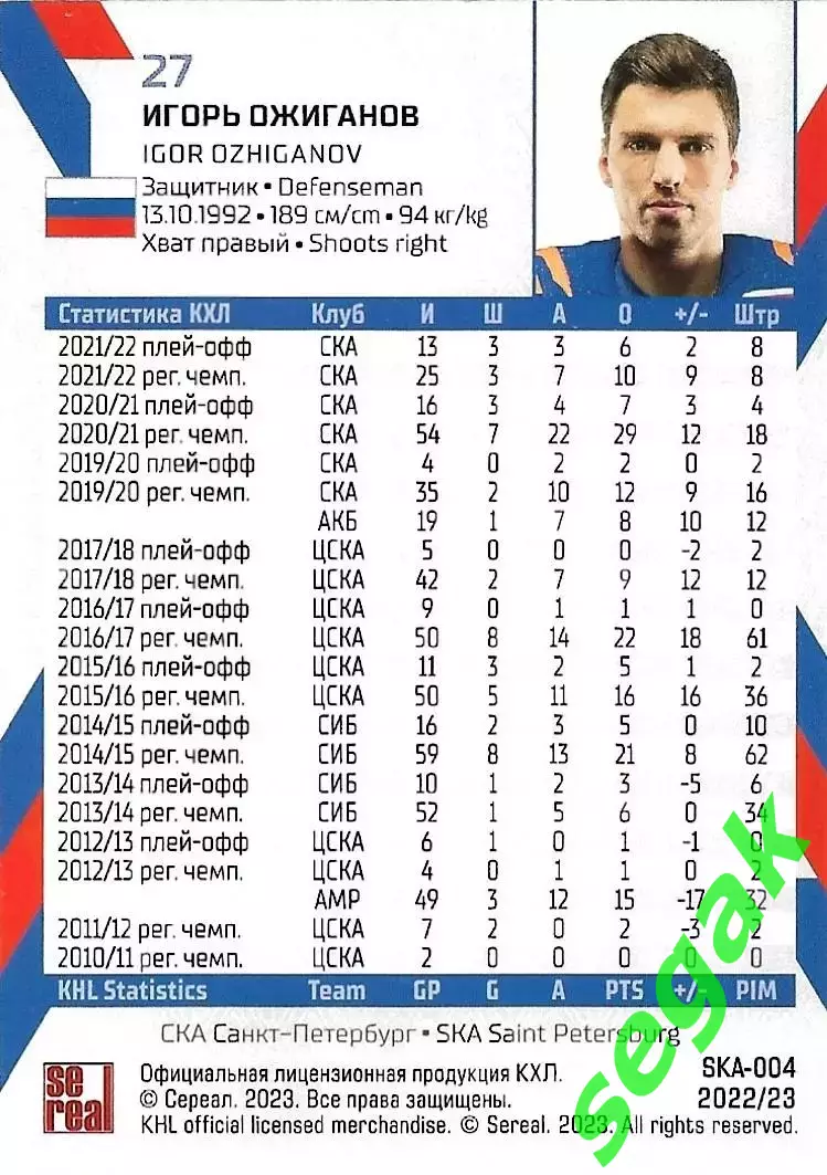 SeReal Карточка КХЛ 2022-2023 Игорь Ожиганов СКА Санкт-Петербург 1