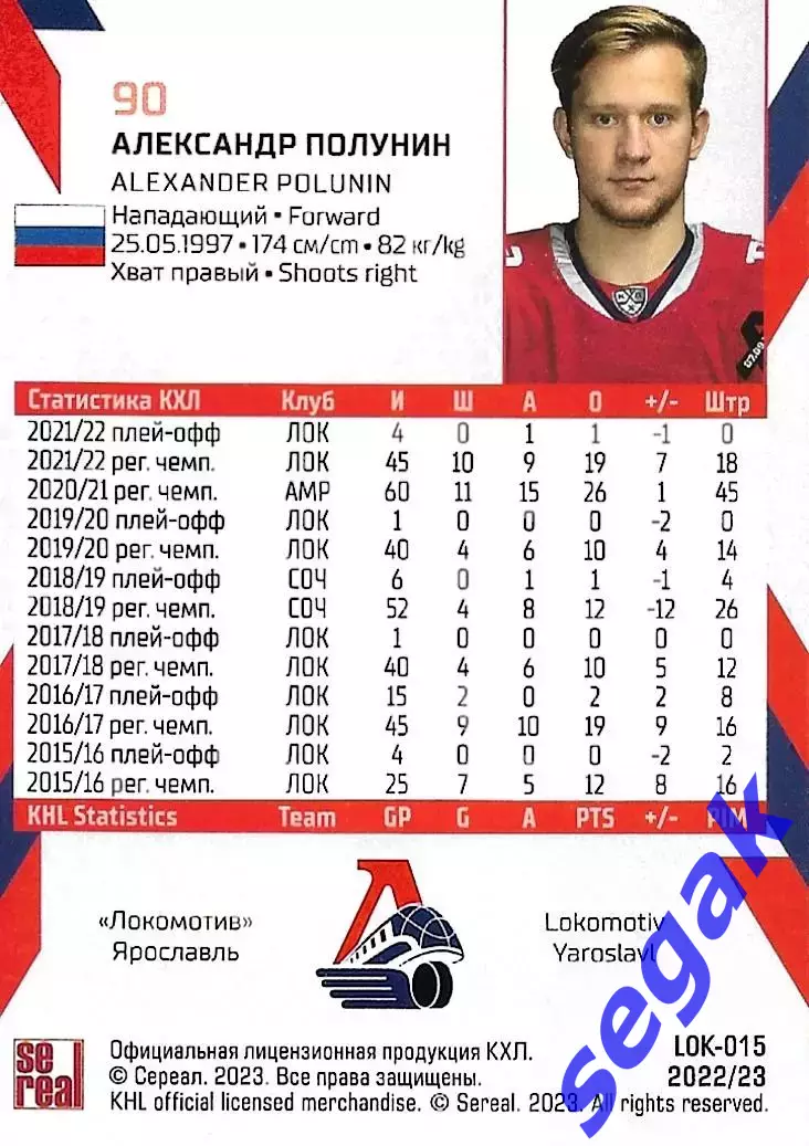 SeReal Карточка КХЛ 2022-2023 Александр Полунин Локомотив Ярославль 1