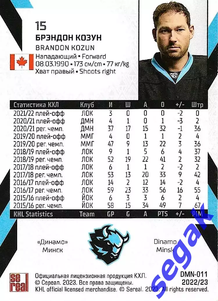 SeReal Карточка КХЛ 2022-2023 Брэндон Козун Динамо Минск 1