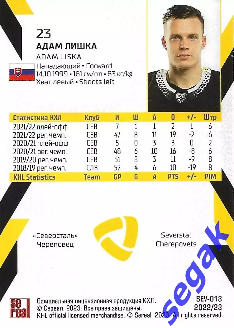 SeReal Карточка КХЛ 2022-2023 Адам Лишка Северсталь Череповец 1