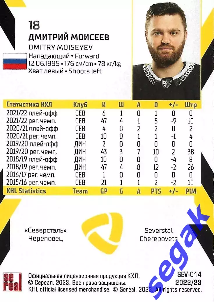 SeReal Карточка КХЛ 2022-2023 Дмитрий Моисеев Северсталь Череповец 1