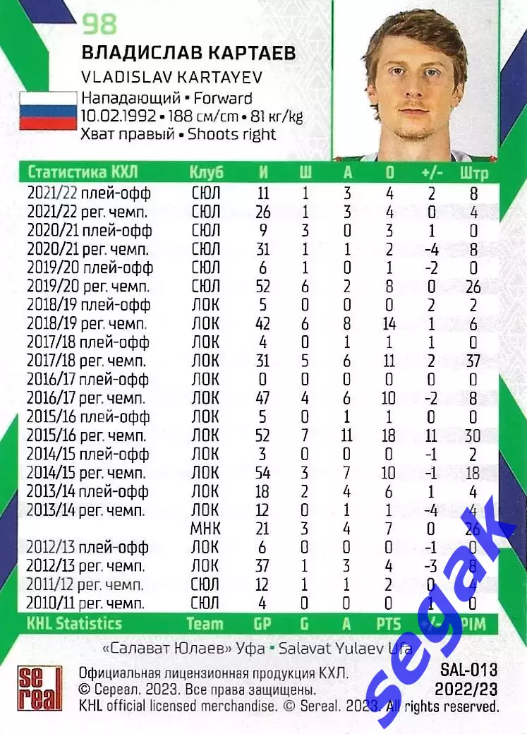 SeReal Карточка КХЛ 2022-2023 Владислав Картаев Салават Юлаев Уфа 1