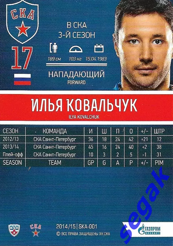 Карточка SeReal ХК СКА Санкт-Петербург 2014-2015 Илья Ковальчук 1
