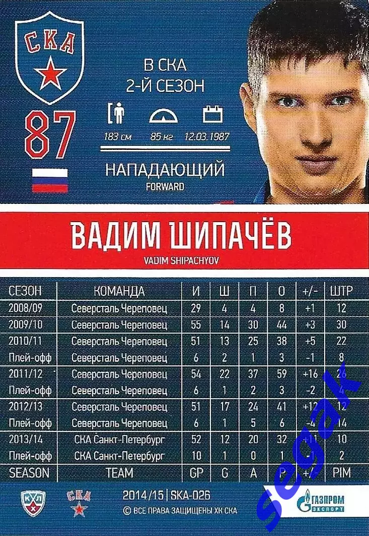 Карточка SeReal ХК СКА Санкт-Петербург 2014-2015 Вадим Шипачёв 1
