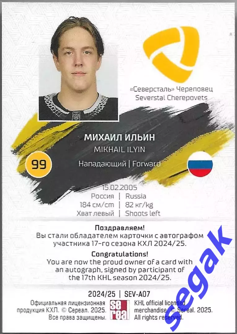 Карточка SeReal КХЛ 2024-2025 Михаил Ильин Северсталь Череповец 1