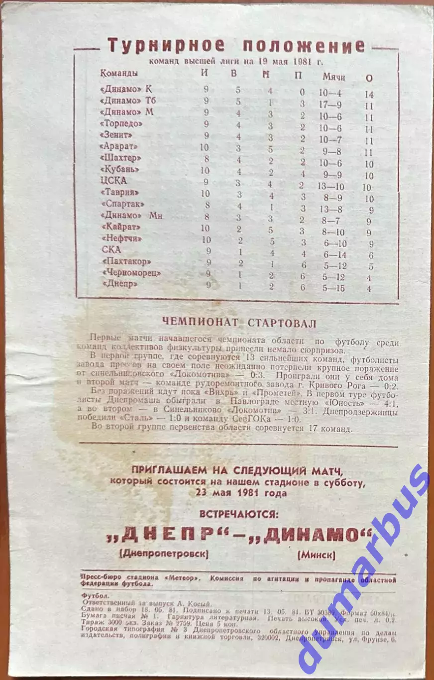 1981 Днепр Днепропетровск – Зенит Ленинград 19.05.81 1