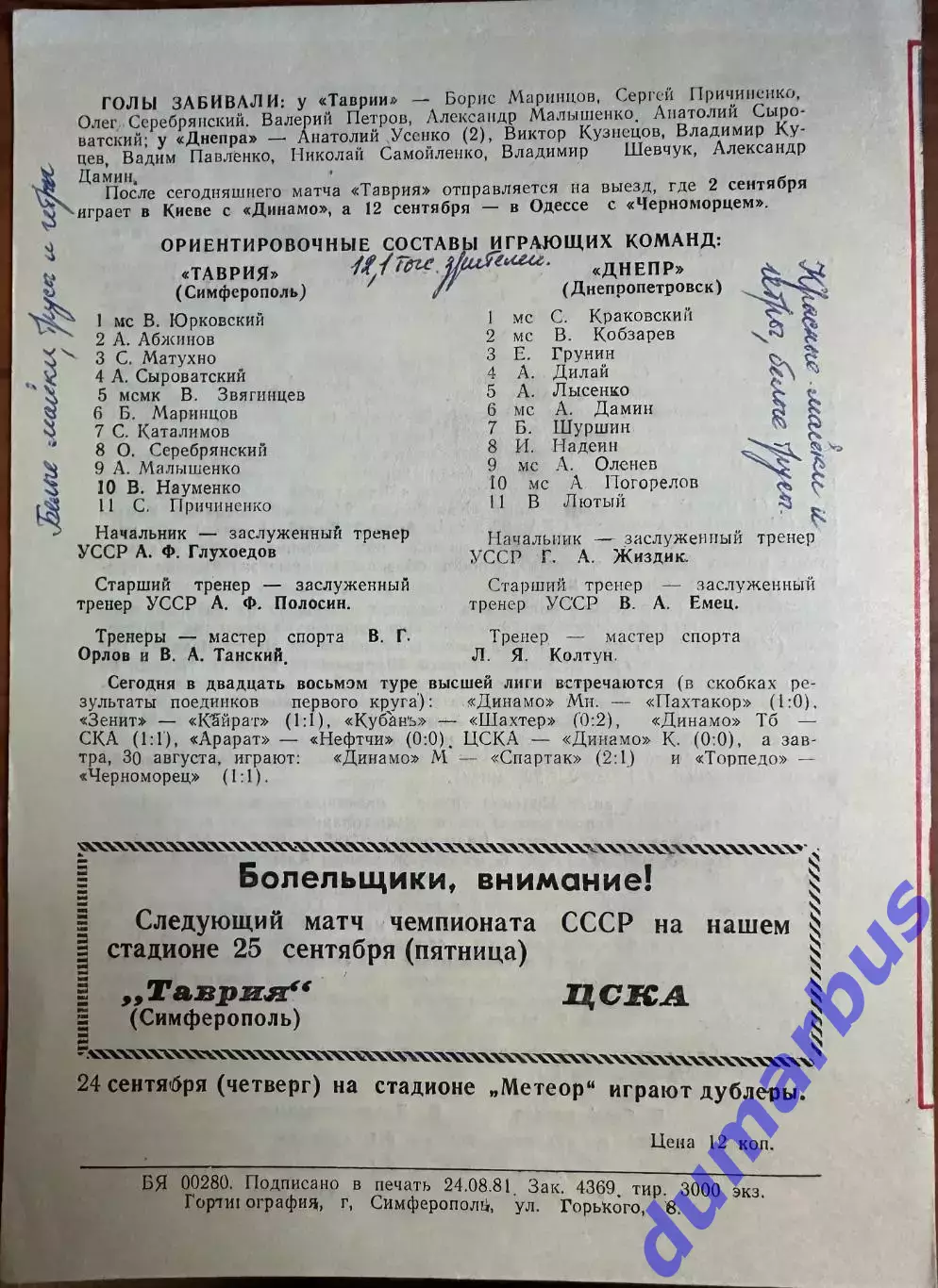 1981 Таврия Симферополь – Днепр Днепропетровск 29.08.81 # 1