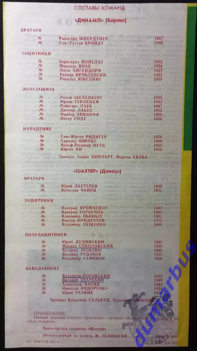 1976 КУЕФА Шахтер Донецк – Динамо Берлин, ГДР 15.09.76 (1976/1977) 1
