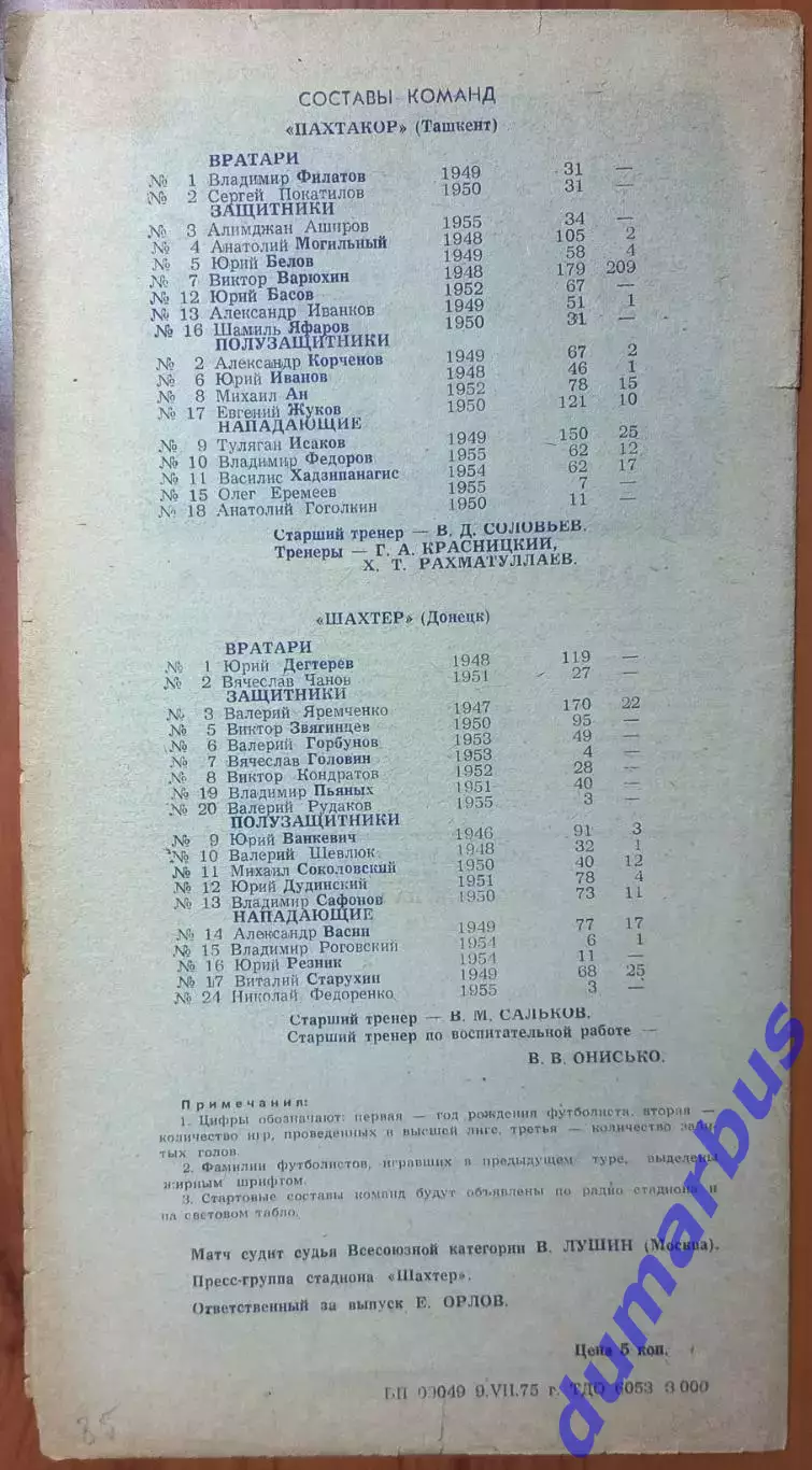 1975 Шахтер Донецк – Пахтакор Ташкент 13.07.1975 # 1