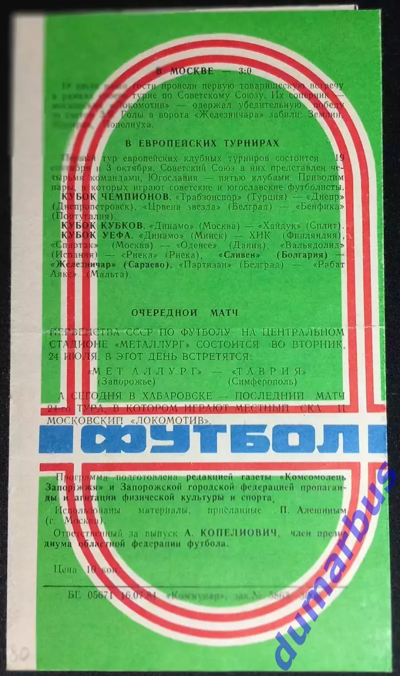 1984 МТМ Металлург Запорожье – Железничар Сараево, Югославия21.07.1984 # 1