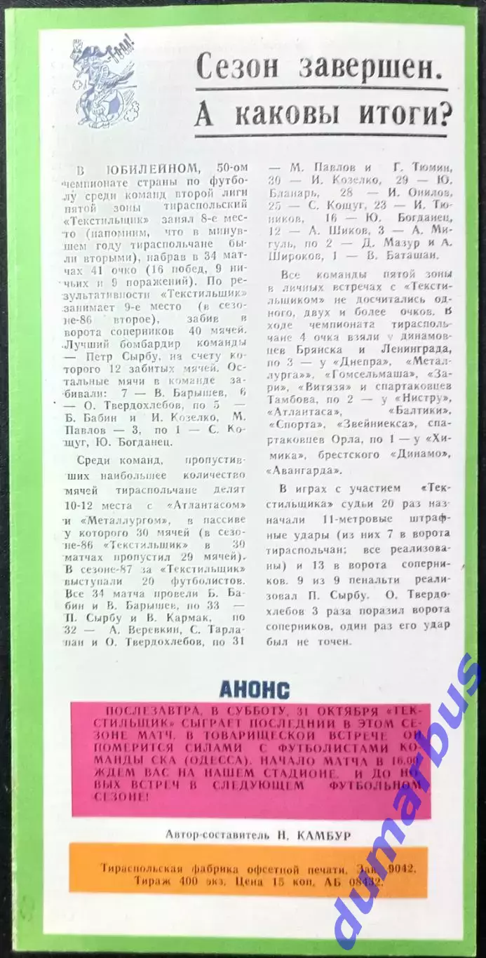 ТМ Текстильщик Тирасполь, Молдова – Судостроитель Николаев, Украина 29.10.1987 # 1