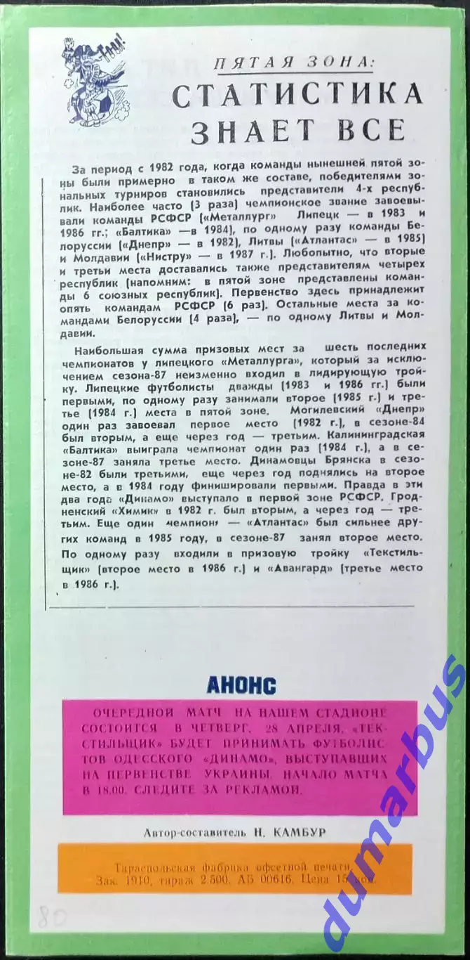 ТМ Текстильщик Тирасполь, Молдова – Черноморец Одесса, Украина 24.04.1987 # 1