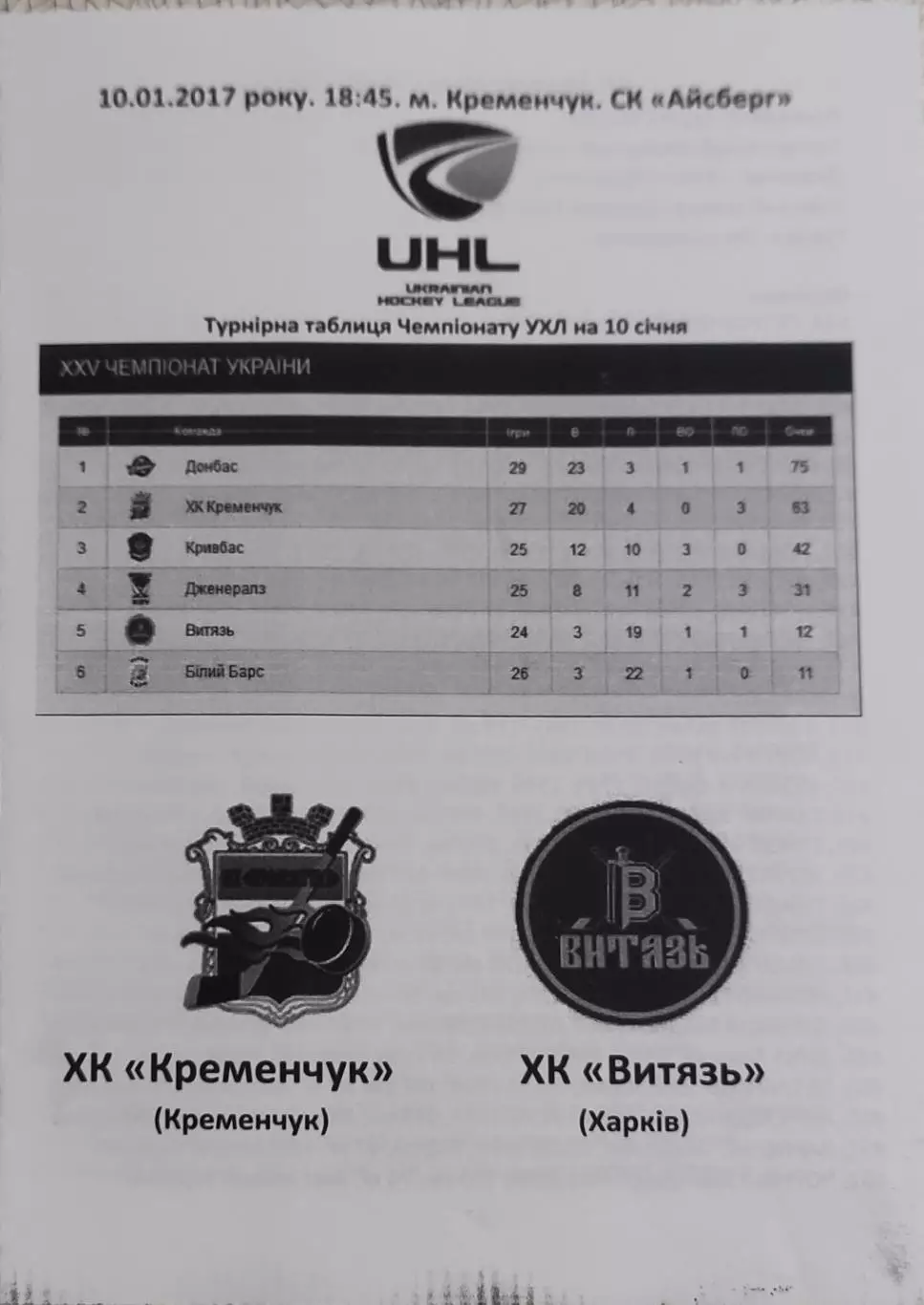 ХК Кременчуг -Витязь Харьков.10.01.2017.Чемпионат Украины.