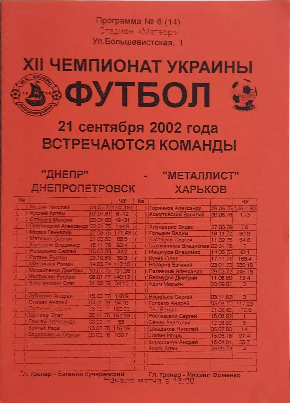 Днепр Днепропетровск-Металлист Харьков.21.09.2002.Чемпионат Украины.