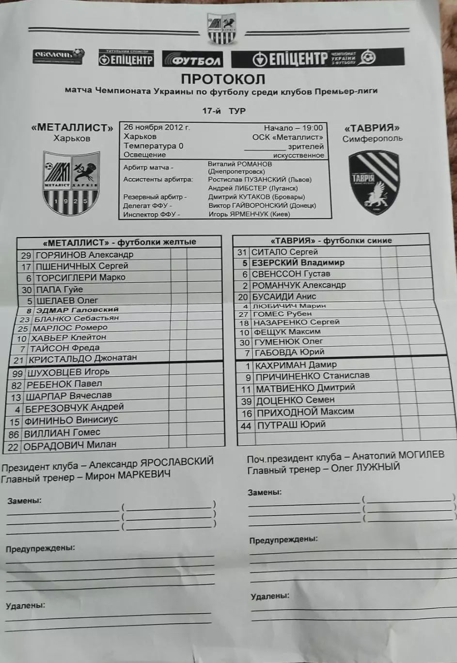 Металлист Харьков-Таврия Симферополь.26.11.2012.Чемпионат Украины.Протокол .