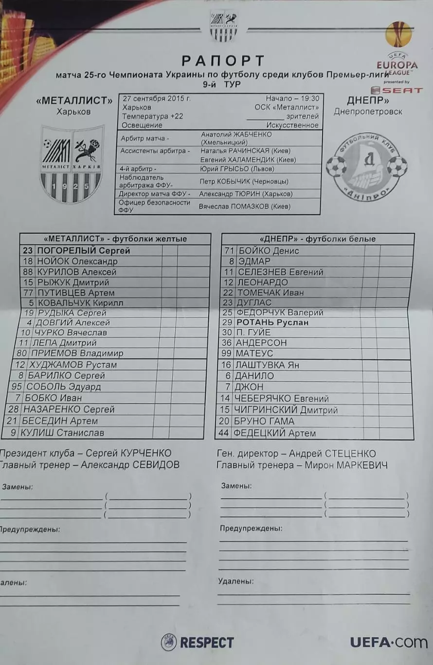 Металлист Харьков-Днепр Днепропетровск.27.09.2015.Чемпионат Украины.Протокол.