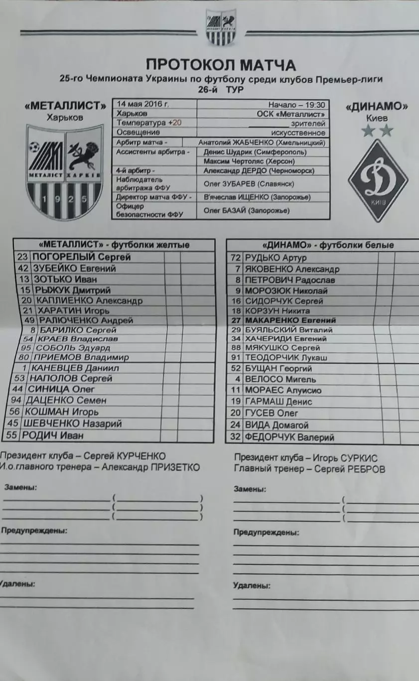 Металлист Харьков-Динамо Киев.14.05.2016.Чемпионат Украины.Протокол.