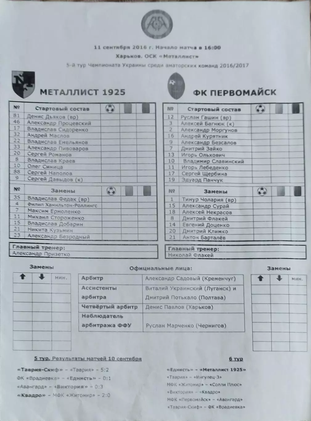 Металлист 1925 Харьков-МФК Первомайск.11.09.2016.Чемпионат Украины.Аматоры.Прот.