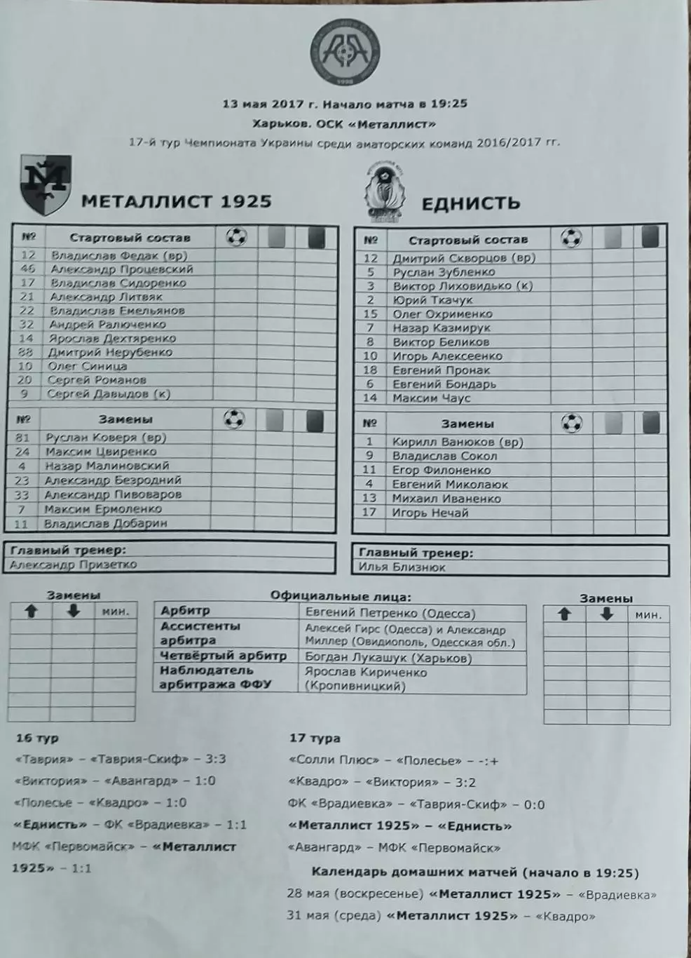 Металлист 1925 Харьков-Еднисть Плиски.13.05.2017.Чемпионат Украины.Аматоры.Прот.