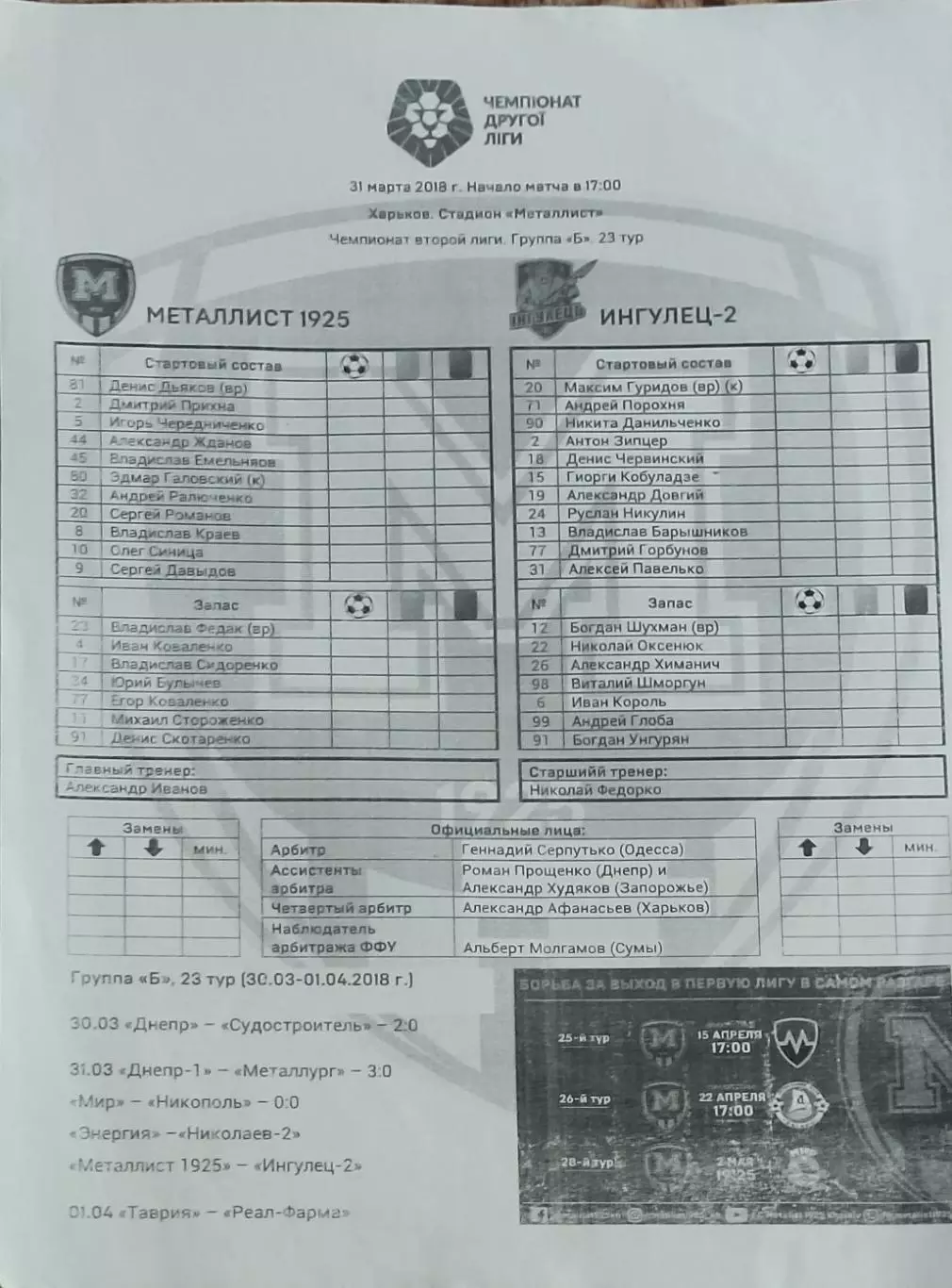 Металлист 1925 Харьков-Ингулец-2 Петрово.31.03.2018.Чемпионат Украины.2 лига.Пр.