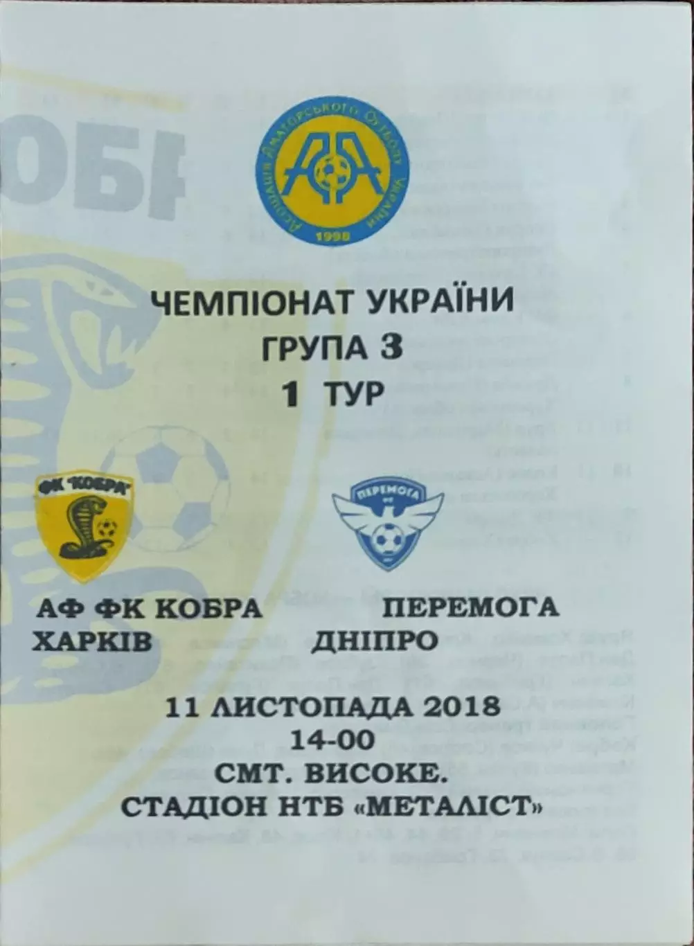 Кобра Харьков-ФК Победа Днепр.11.11.2018.Чемпионат Аматоров Украины .Вид 1.