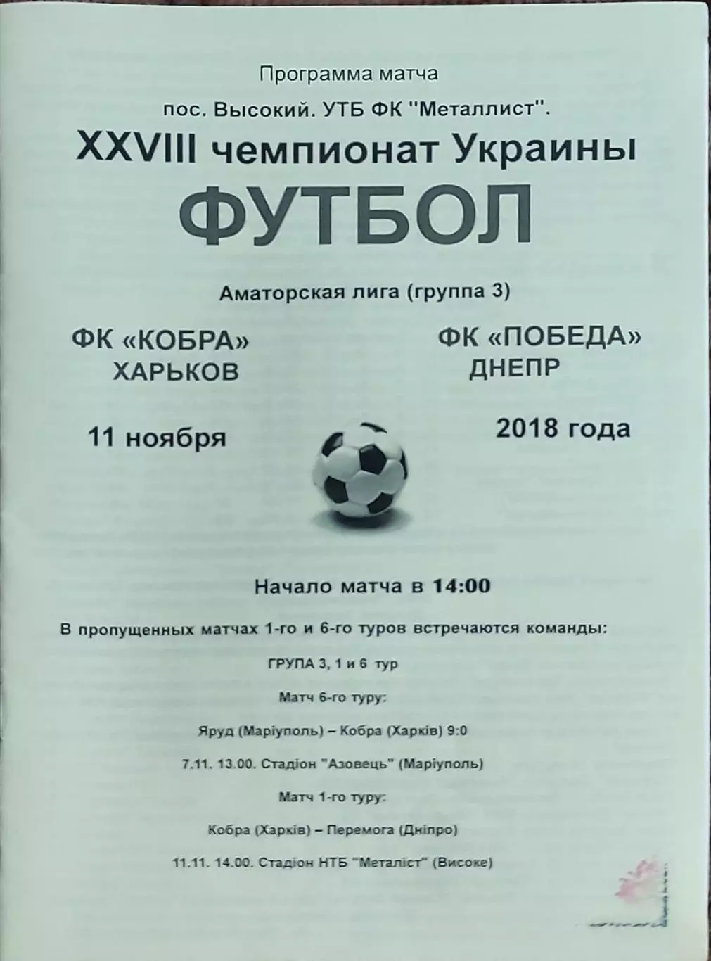 Кобра Харьков-ФК Победа Днепр.11.11.2018.Чемпионат Аматоров Украины .Вид 2.