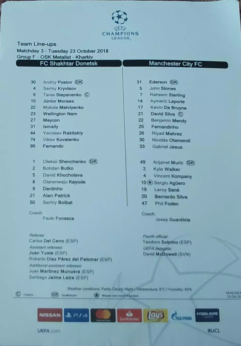 Шахтер Донецк Украина-Манчестер Сити Англия.23.10.2018.Лига Чемпионов.Протокол 2