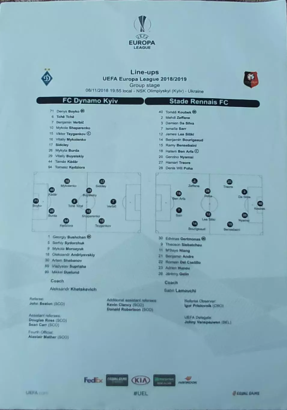 Динамо Киев Украина - Ренн Франция .8.11.2018. Лига Европы.Протокол.