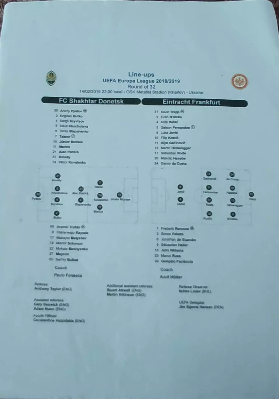 Шахтер Донецк Украина-Айнтрахт Германия.14.02.2019.Лига Европы.Протокол 1.