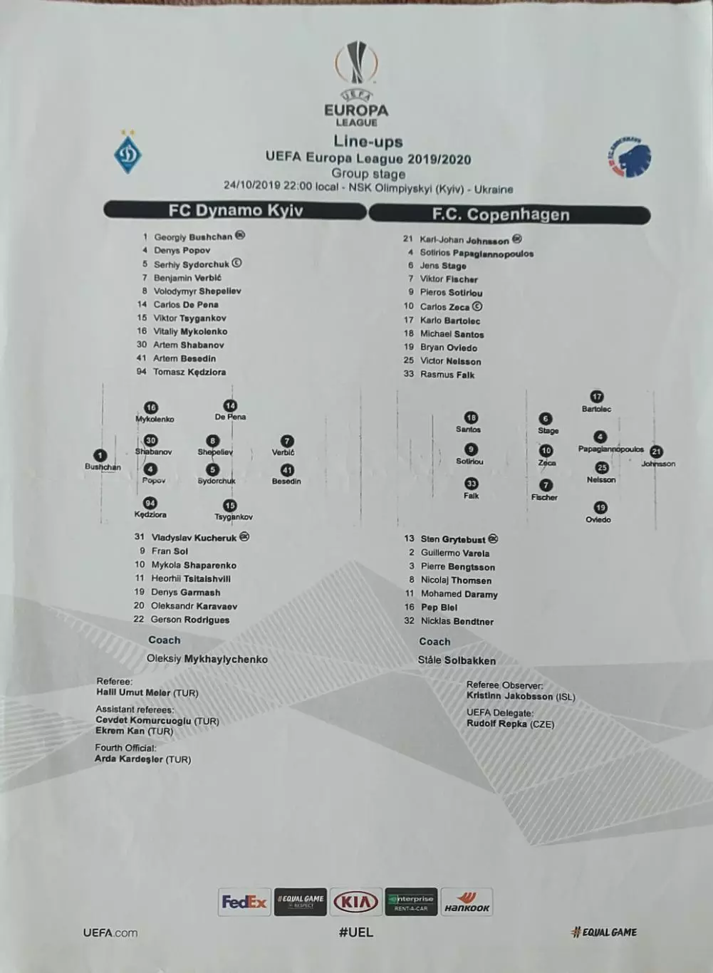 Динамо Киев Украина -Копенгаген Дания.24.10.2019.Лига Европы.Протокол.
