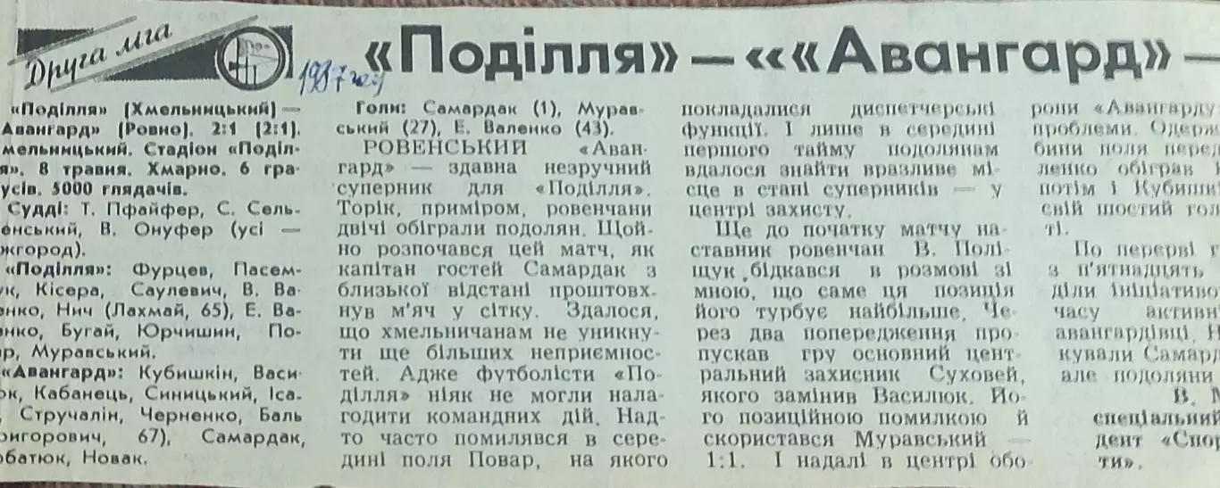 Подолье Хмельницкий-Авангард Ровно.8.05.1987.Отчет о матче.