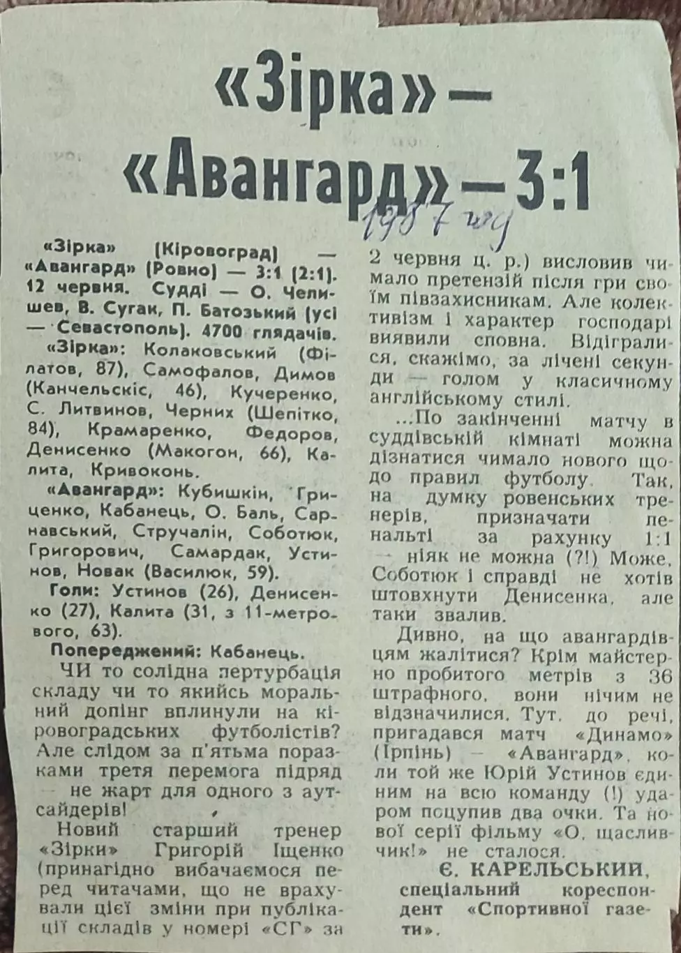 Зирка Кировоград-Авангард Ровно.12.06.1987.Отчет о матче.