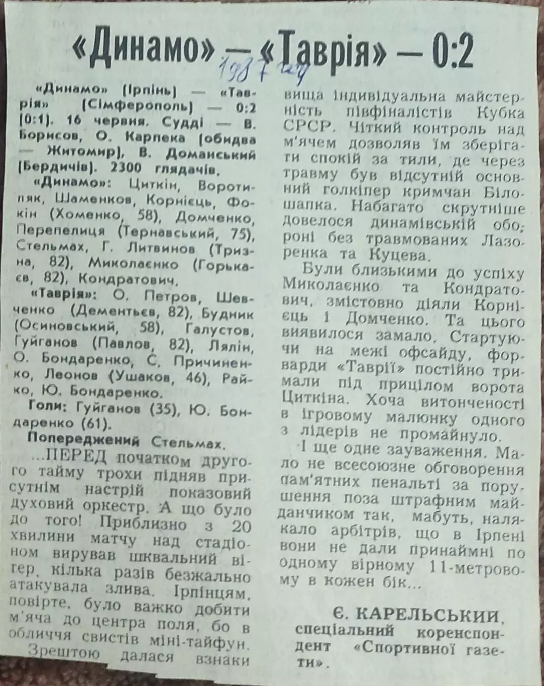 Динамо Ирпень-Таврия Симферополь.16.06.1987.Отчет о матче.