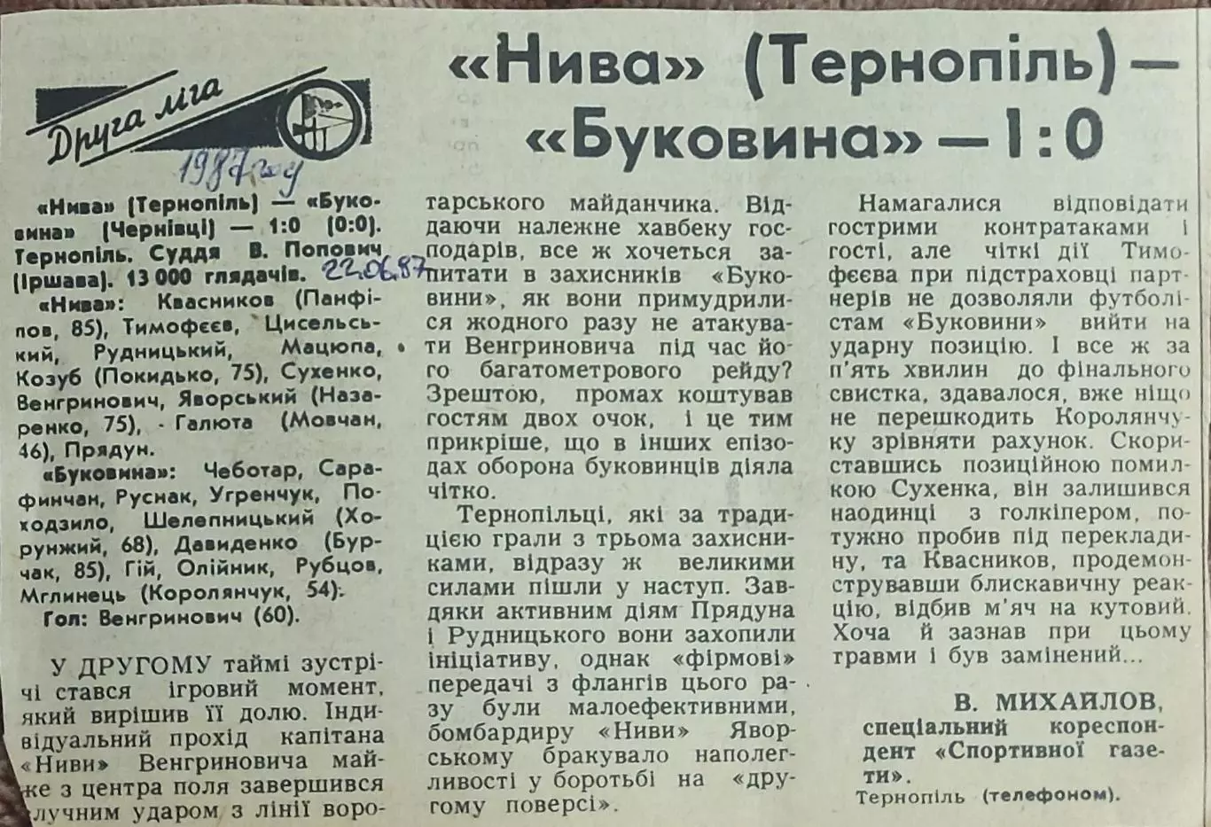 Нива Тернополь-Буковина Черновцы.22.06.1987.Отчет о матче.