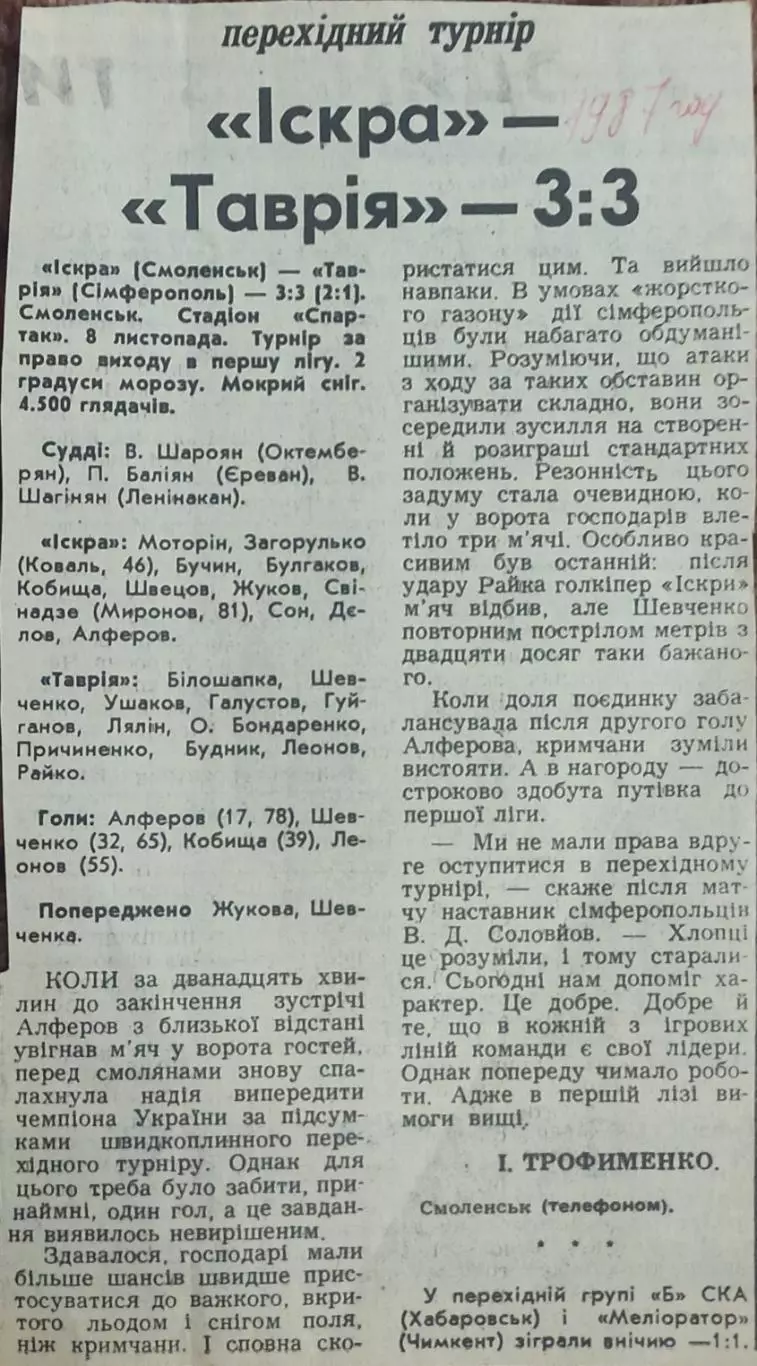 Искра Смоленск-Таврия Симферополь.8.11.1987.Отчет о матче.